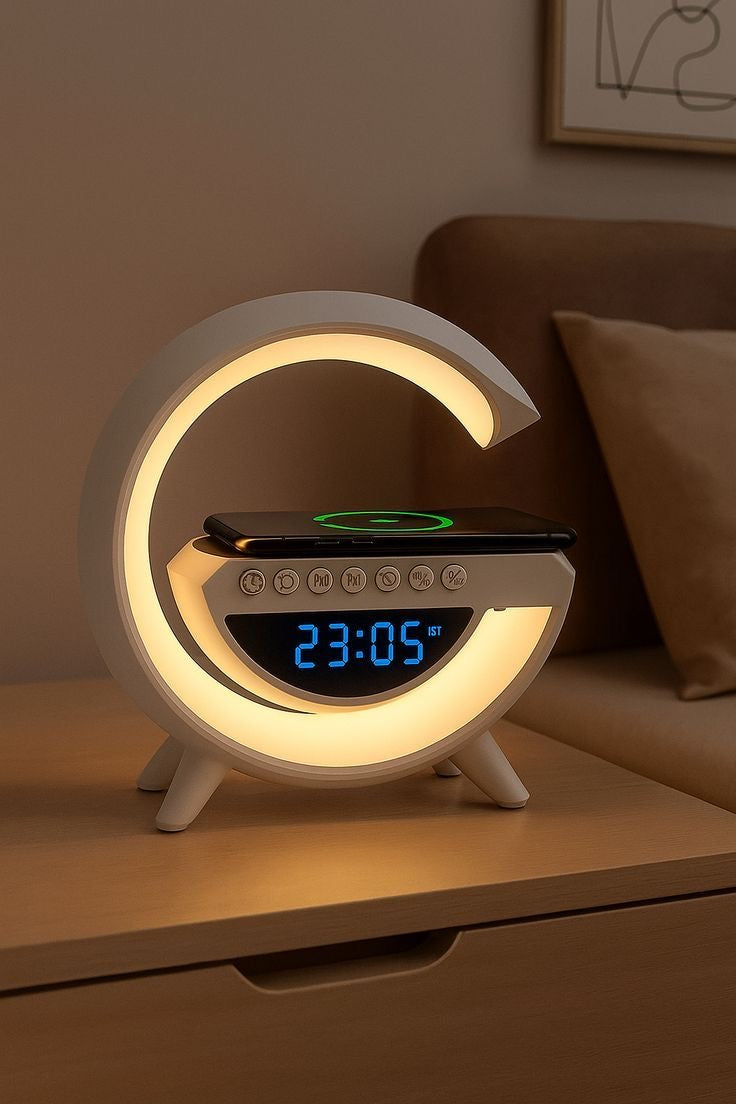 Lámpara led G Alta voz Bluetooth, carga inalámbrica, alarma reloj despertador