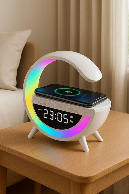 Lámpara led G Alta voz Bluetooth, carga inalámbrica, alarma reloj despertador