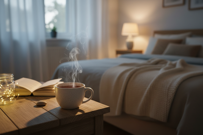 Té humeante en mesa de noche con ambiente nocturno